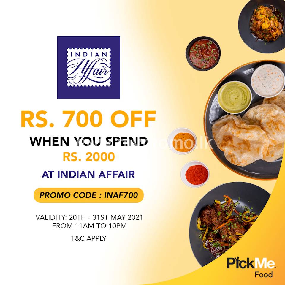 Save Rs. 700 when you spend Rs. 2000 at Indian Affair via PickMe Food
