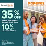 Enjoy up to 35% discount on your total bill when using Sampath Bank Cards at Popeyes Sri Lanka