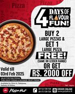 Buy any 2 Large Pizzas & Get 1 Large Pizza FREE (same or lesser range) OR enjoy Rs. 2000 OFF at Pizza Hut