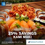 Enjoy 25% savings on Sushi with Nations Trust Bank American Express Credit cards at Kami Maki