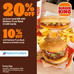 Enjoy up to 20% discount on your total bill when using Nations Trust Bank Cards at Burger King