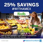 Enjoy 25% savings at Keells on fresh vegetables, fruits, seafood, and fresh meat with Nations Trust Bank American Express at Keells