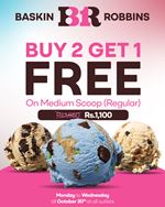 Buy 2, Get 1 Free on Medium Scoops (Regular) for just Rs. 1,100 at Baskin Robbins