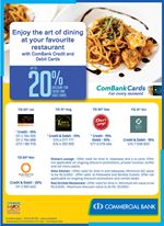 Get up to 20% discount at your favourite restaurant with Commercial Bank Cards