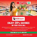 20% off your total bill when you use any NDB credit card at SPAR Sri Lanka