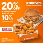 Enjoy up to 20% discount on your total bill when using NDB Cards at Popeyes Sri Lanka