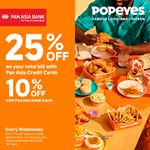 Enjoy up to 25% discount on your total bill when using Pan Asia Bank Credit Cards at Popeyes Sri Lanka