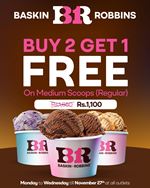 Buy 2, Get 1 Free on Medium Scoops (Regular) for just Rs. 1,100 at Baskin Robbins