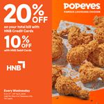 Enjoy up to 20% off at Popeyes for HNB Cards