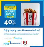 Enjoy 40% off on bills over LKR 2,000 with your HNB Credit Card at KFC Fort, Majestic City, and Maya Avenue outlet