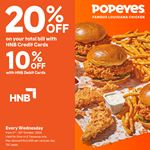 Enjoy up to 20% discount on your total bill when using HNB Cards at Popeyes Sri Lanka