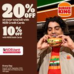 Enjoy up to 20% discount on your total bill when using NDB Credit Cards at Burger King