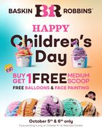 Enjoy a free medium scoop when you buy1 medium scoop ice cream at Baskin Robbins