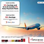 Enjoy 15% Savings on return air tickets to any destination on any airline at findmyfare.com with DFCC Credit and Debit Cards