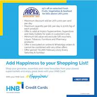 25% off on selected fresh fruits, vegetables and seafood at Arpico Supermarket for HNB Credit Cards