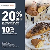 Enjoy up to 20% off on your total bill for Sampath Bank Cards at Delifrance