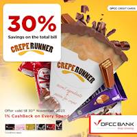 Enjoy 30% savings at Crepe Runner for dine-in and takeaway with DFCC Credit Cards!