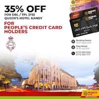 Enjoy up to 35% off at Queens Hotel Kandy with Peoples Credit Cards! 