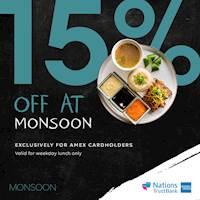 Enjoy a 15% discount at Monsoon for all NTB Amex cardholders