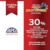 30% Savings on selected fresh vegetables, fruits, seafood and fresh meat on NDB Credit cards at Arpico