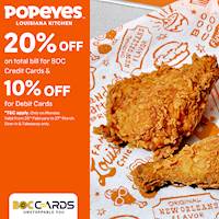 Enjoy up to 20% off on total bill for BOC Cards at Popeyes