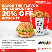 Enjoy 20% off at KFC and savor every crispy bite with Cargills Bank debit and credit cards