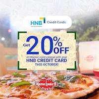 Get 20% off on your total bill when you purchase via HNB credit card at Mama Louie's Pizza