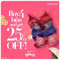 Buy 4 amante bras and get 25% off when you shop at Glitz 