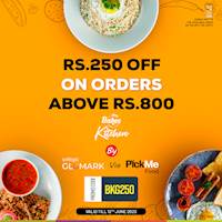 Order your favourite food items from Bakes Kitchen by GLOMARK via PickMe Food & get Rs.250 off when you spend above Rs.800
