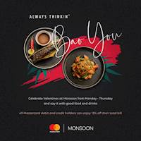 This Valentines season, all Mastercard holders get 15% off their total bill when they dine in at Monsoon