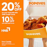 Enjoy up to 20% off on the total bill for HNB Cards at Popeyes