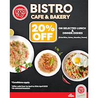 Enjoy an amazing 20% OFF on all your favourite dishes at the Bistro Cafe & Bakery!