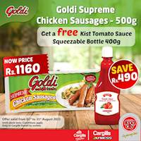 Buy a 500g Goldi Supreme Chicken Sausages and get 400g Kist Tomato Sauce squeezable bottle FREE!