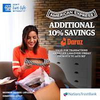 Enjoy an additional 10% savings when you shop at https://www.daraz.lk with your Nations Trust Bank American Express card every Friday