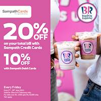 Get up to 20% off on the total bill for Sampath Bank Cards every Friday at Baskin Robbins