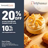 Get 20% off on the total bill for Sampath Bank Credit Cards and 10% off on Sampath Bank Debit Cards at Delifrance