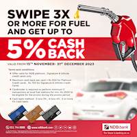 Swipe 3 times or more for fuel and enjoy up to 5% cash back with NDB Credit Cards