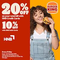 Enjoy up to 20% off on the total bill for HNB Cards at Burger king