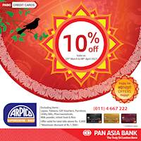 Get 10% off on your total bill at Arpico Supercentre with your Pan Asia Bank Credit Card.