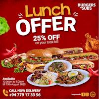 25% Off for your Lunch at Burgers Vs Subs