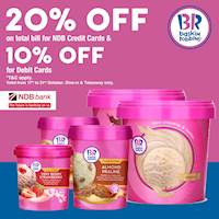 Get 20% off on the total bill for NDB Credit Cards and 10% off on NDB Debit Cards at Baskin-Robbins