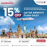 Up to 15% off on Business and Economy Class Fares to more than 50 destinations on Qatar Airways