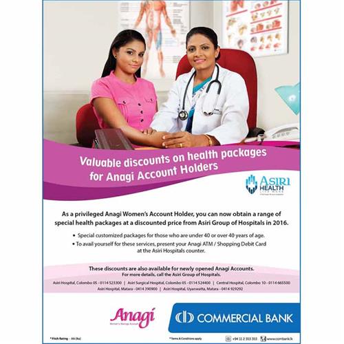 Discounted health packages for Commercial Bank Anagi Account Holders at ASIRI HOSPITAL till 31st December 2016