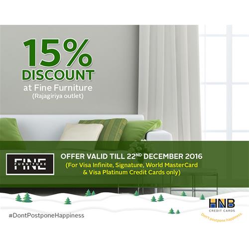 15% Discount at FINE FURNITURE for HNB Credit card holders till 22nd December 2016