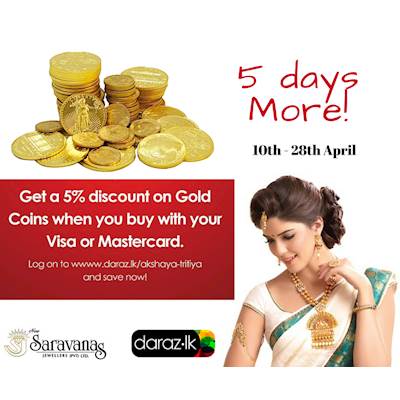 Get a 5% Discount on Gold Coins when you buy with your Visa or Mastercard at NEW SARAVANAS JEWELLERS