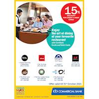 Enjoy 15% off at your favourite restaurant with ComBank Credit and Debit Cards (October Promo)