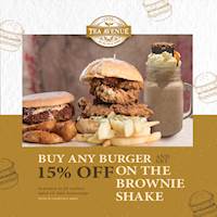 Buy any Burger and get 15% off on the Brownie shake at Tea Avenue
