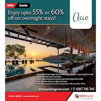 Enjoy up to 55 % or 60 % off on over night stay swith NDB Credit and Debit cards at Arie Lagoon