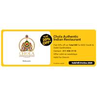 Flat 20% Off on Total Bill For BOC Credit and Debits cards at Chola Authentic Indian Restaurant