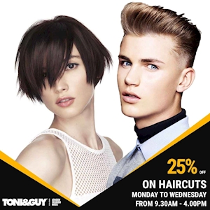 25% Off on Haircuts from Monday to Wednesday at Toni and Guy 